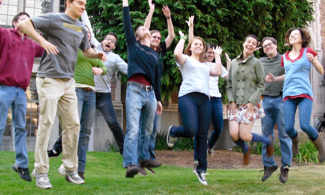 Photo: Students cheering and jumping